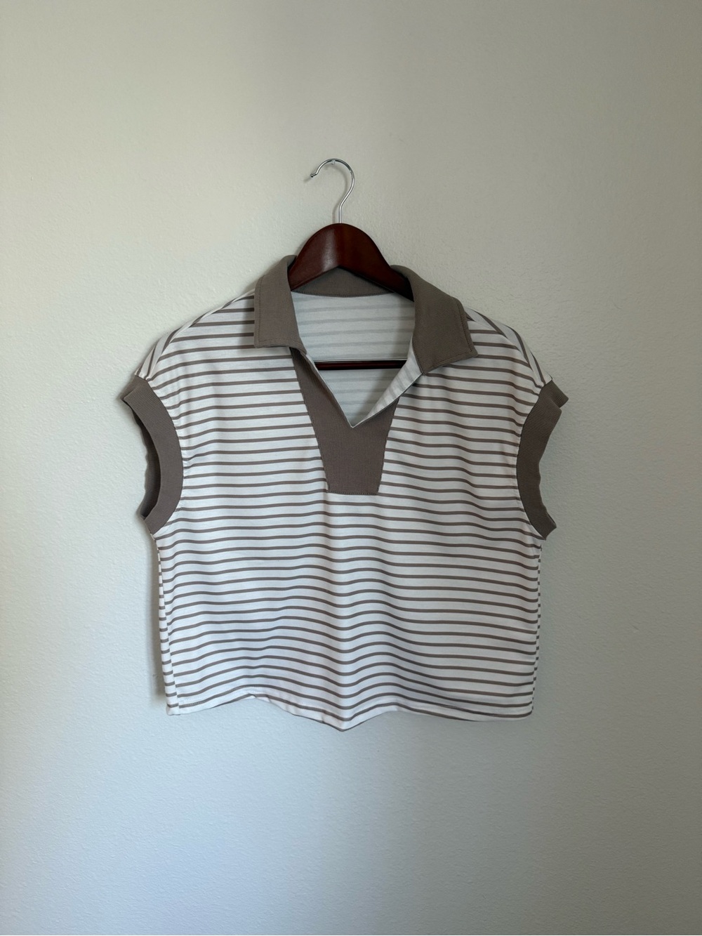 Striped Cropped Polo Tee in White and Taupe